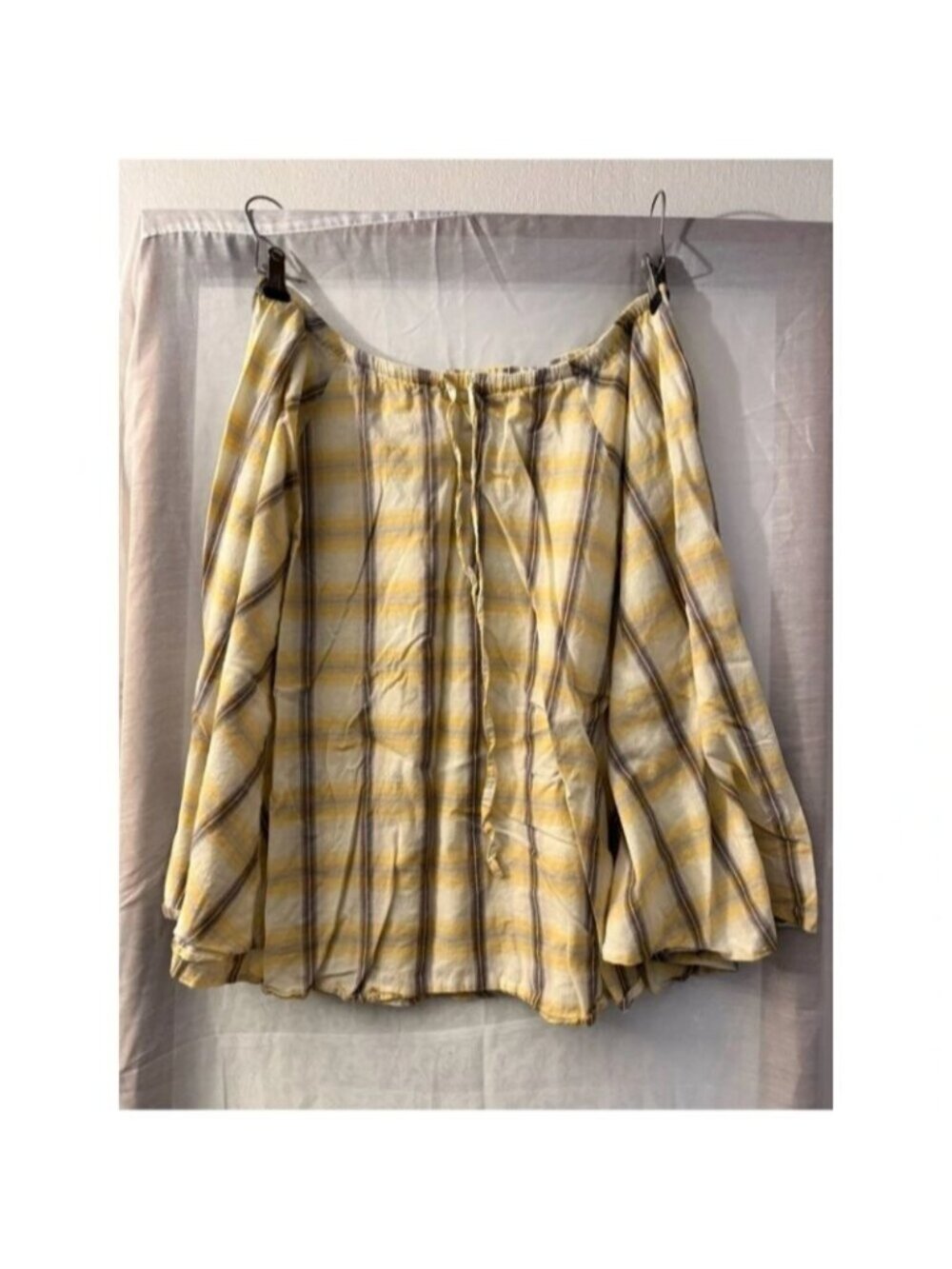 Yellow Gray Plaid Skirt Gathered Waist